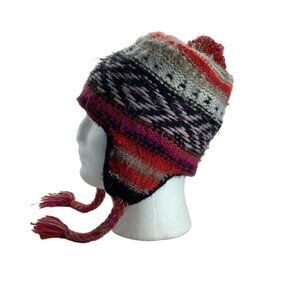 Peruvian Alpaca Blend Knit Chullo Winter Trapper Hat Women One Size Aztec Print